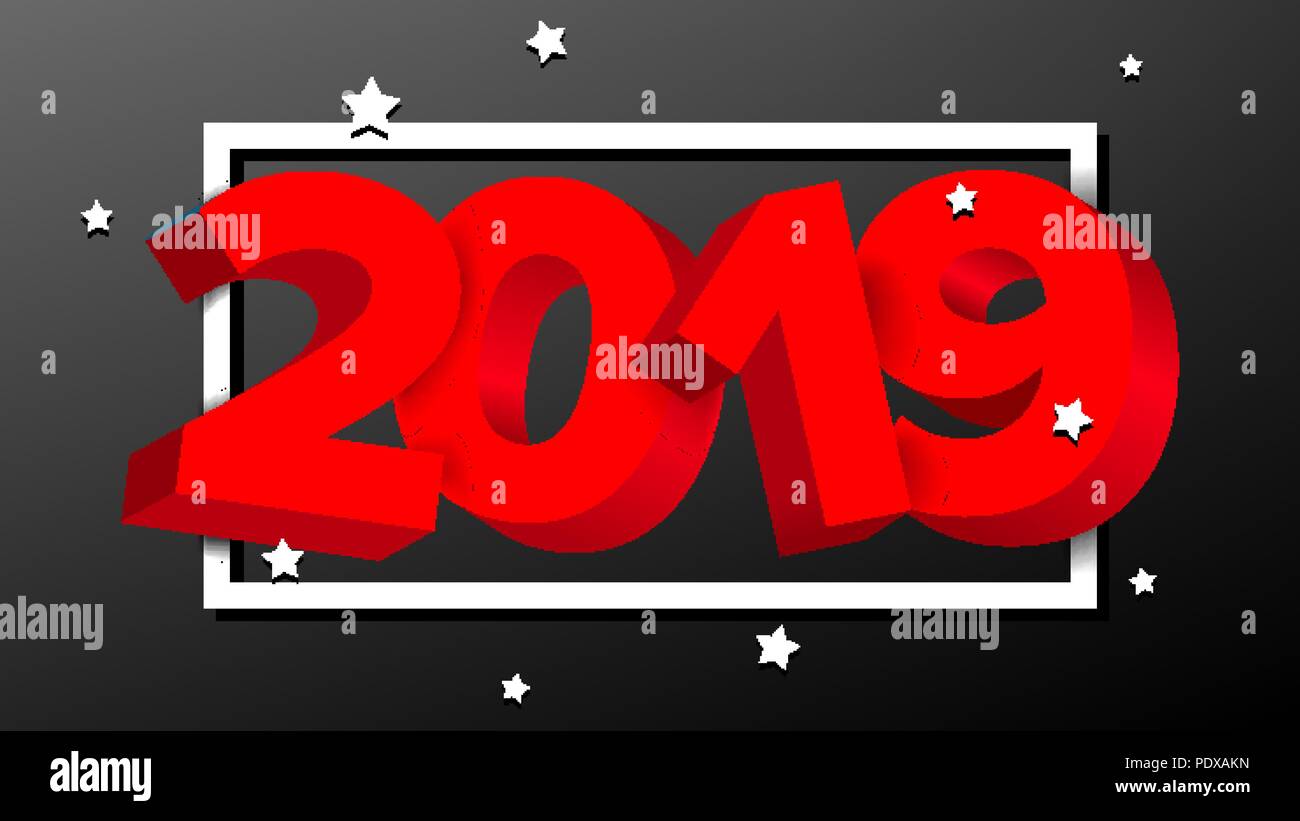 Il 2019 segno rosso di vettore. Numeri 2019. Vacanza di Capodanno Banner, Card. Felice Anno Nuovo sfondo immagine Illustrazione Vettoriale