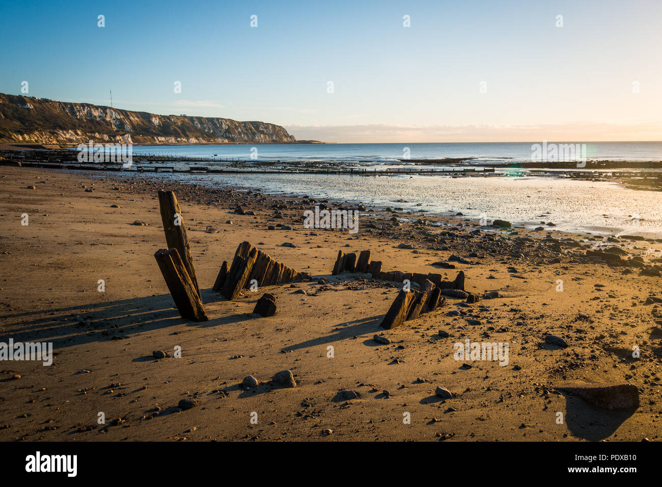 La spiaggia di Baia di usura ai piedi di Folkestone Warren, Kent, Regno Unito Foto Stock