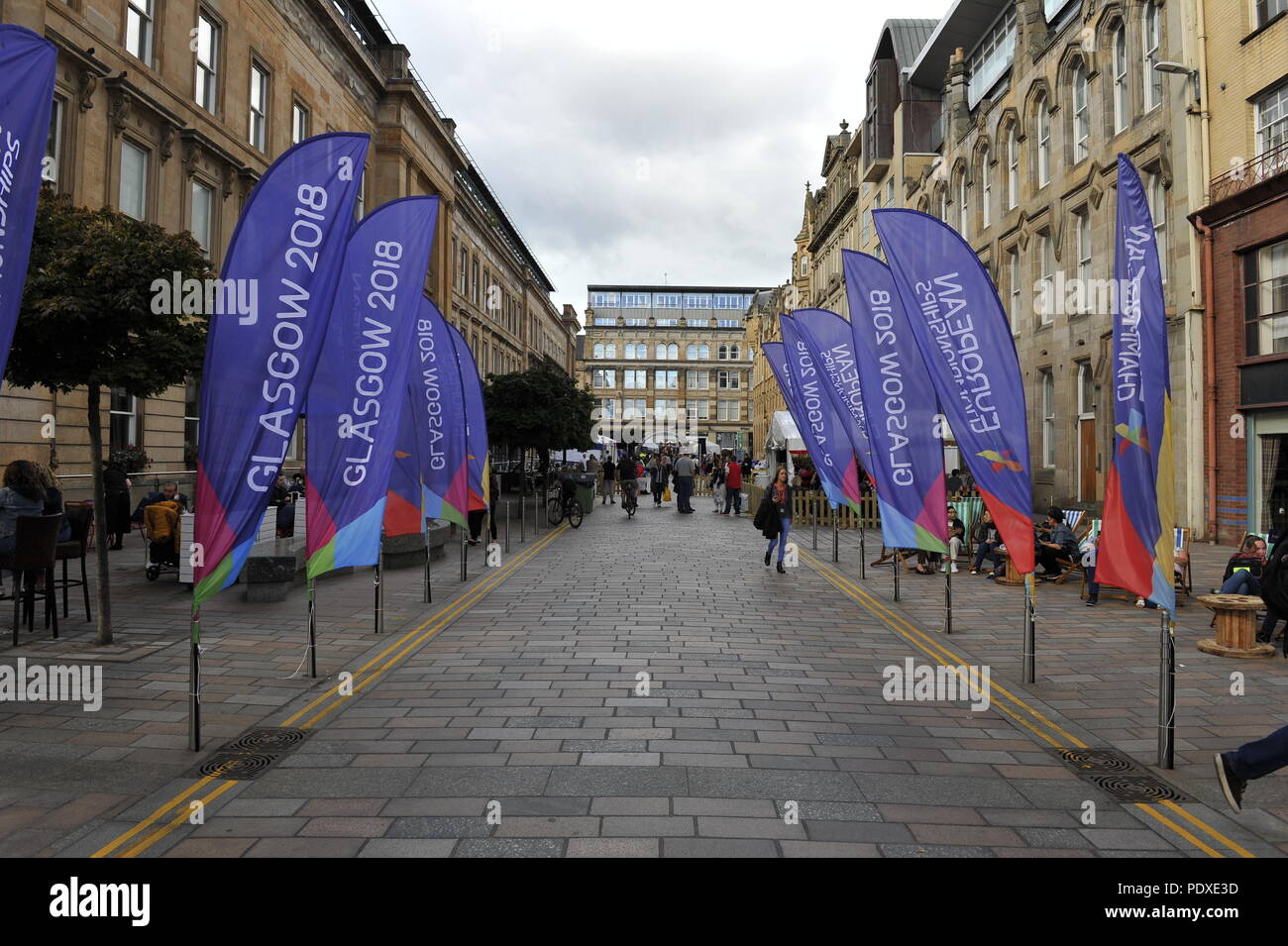 Glasgow, Scozia. 10 Agosto, 2018. Scene di merchant city zona durante i Campionati Europei. Credito: Colin Fisher/Alamy Live News Foto Stock