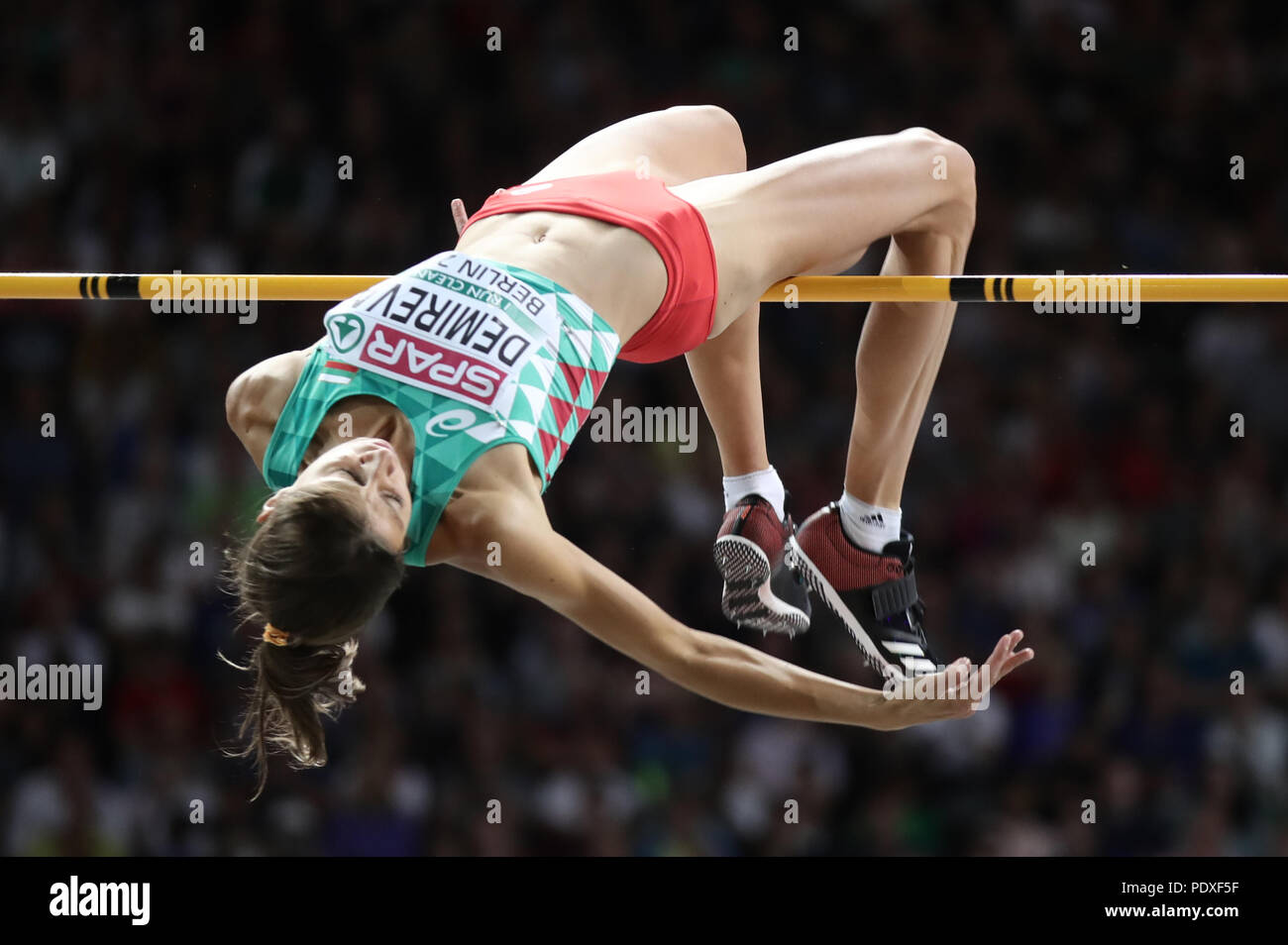 Berlino, Germania. 10 Ago, 2018. Atletica, Campionati Europei in lo Stadio Olimpico, il salto in alto, donne finale: Mirela Demireva provenienti dalla Bulgaria in azione. Credito: Michael Kappeler/dpa/Alamy Live News Foto Stock