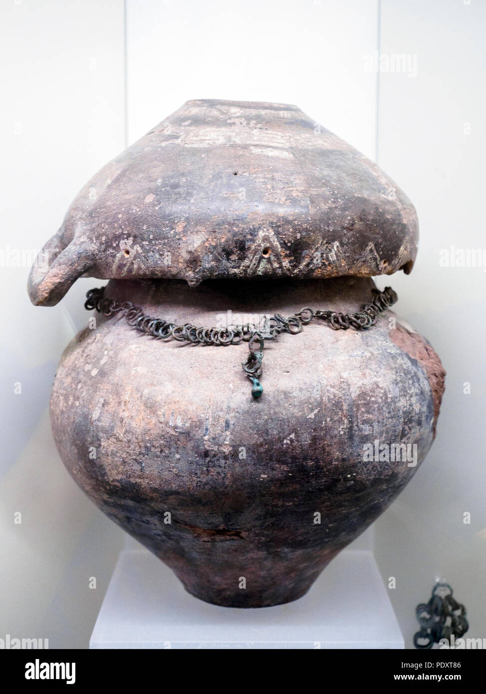 Vaso cineraria con una singola maniglia e coperchio dalla necropoli di Cavalupo IX secolo A.C. - Museo Nazionale Etrusco di Villa Giulia - Roma, Italia Foto Stock