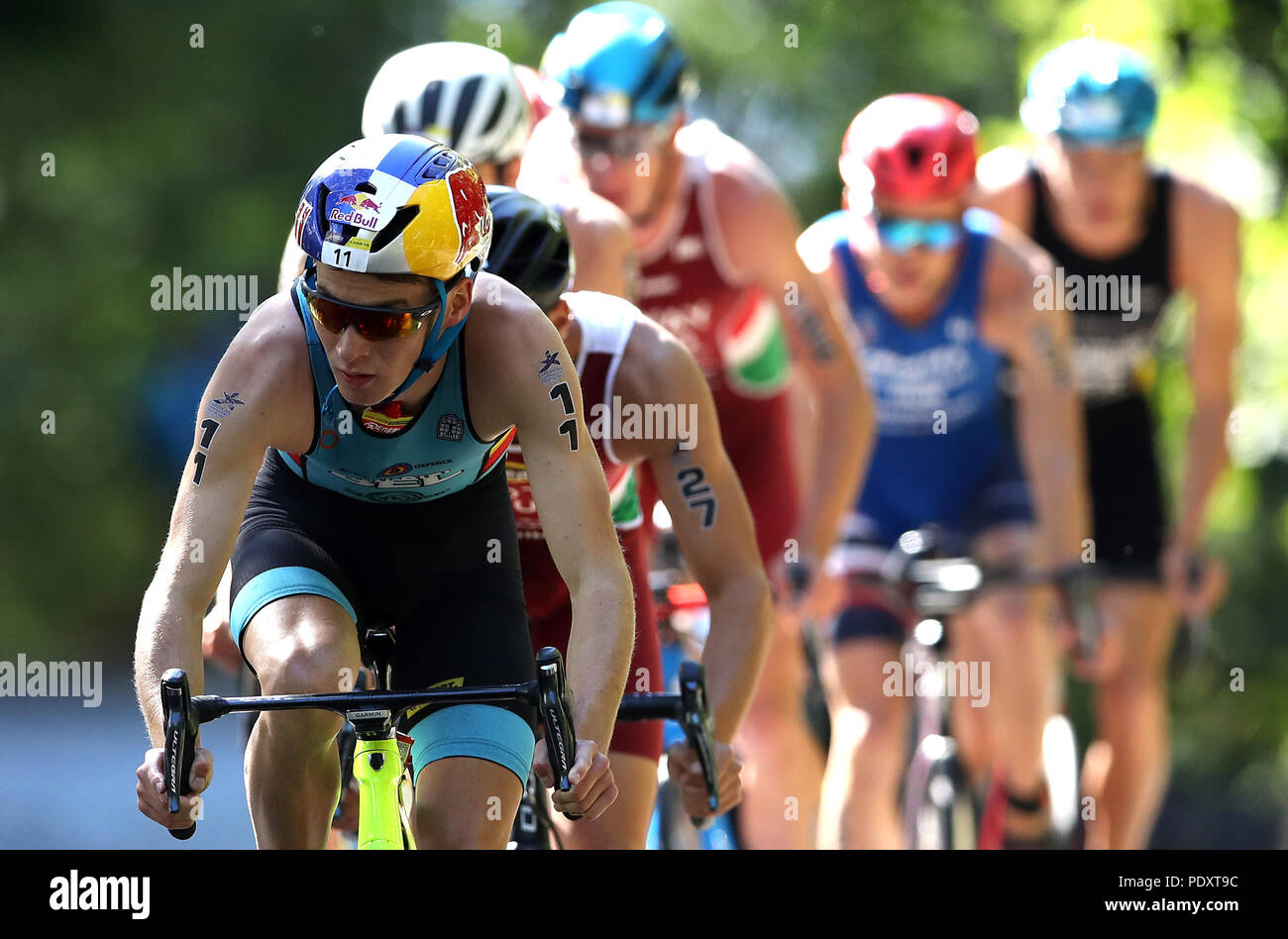 Il Belgio è Marten van Riel durante gli uomini Triathlon durante il giorno nove del 2018 Campionati Europei a Strathclyde Country Park, Lanarkshire. Stampa foto di associazione. Picture Data: Venerdì 10 Agosto, 2018. Vedere PA TRIATHLON nella storia europea. Foto di credito dovrebbe leggere: John Walton/filo PA. Restrizioni: solo uso editoriale, nessun uso commerciale senza previa autorizzazione Foto Stock