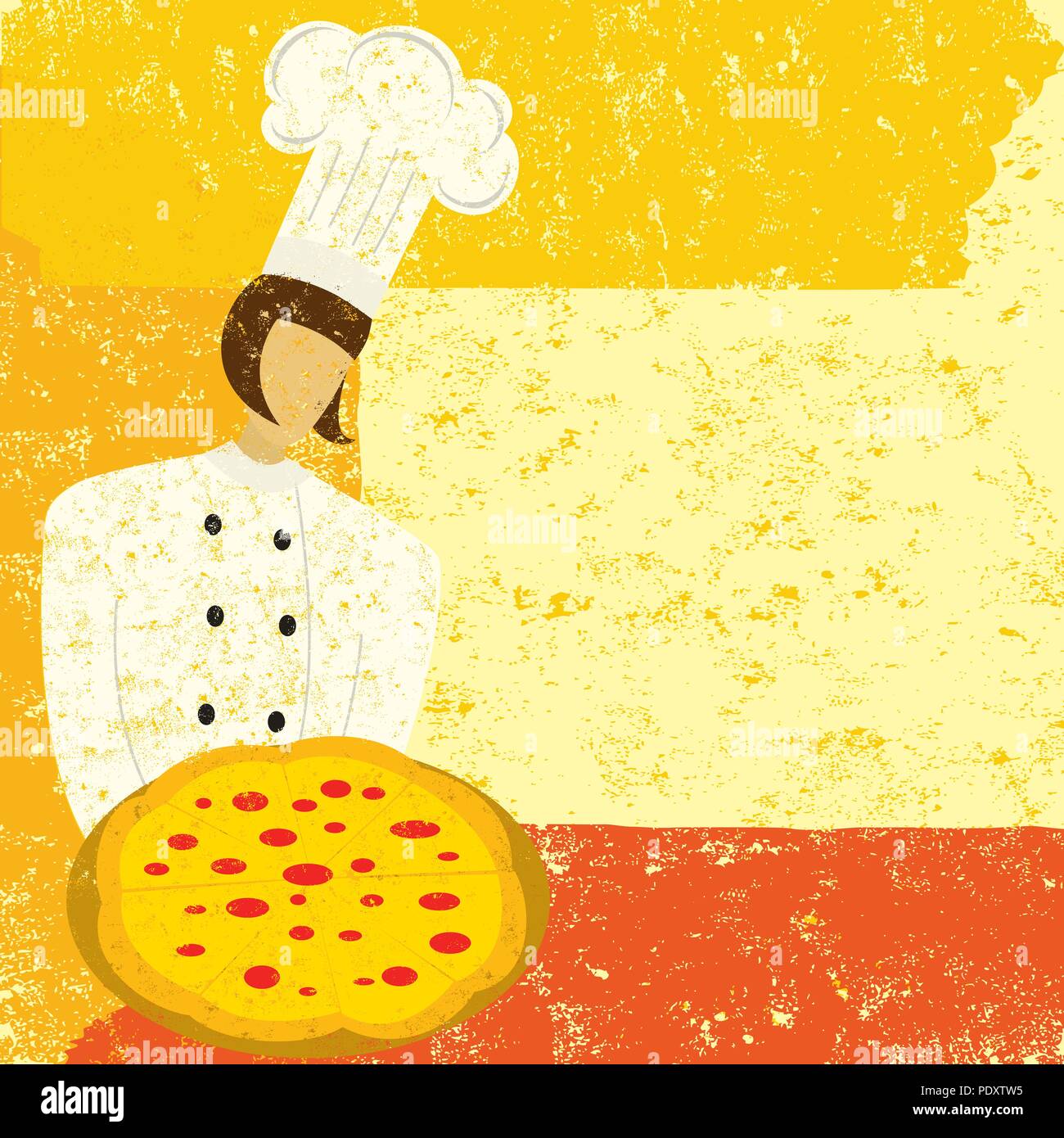 Pizzaiolo. Uno chef tenendo una pizza. Illustrazione Vettoriale