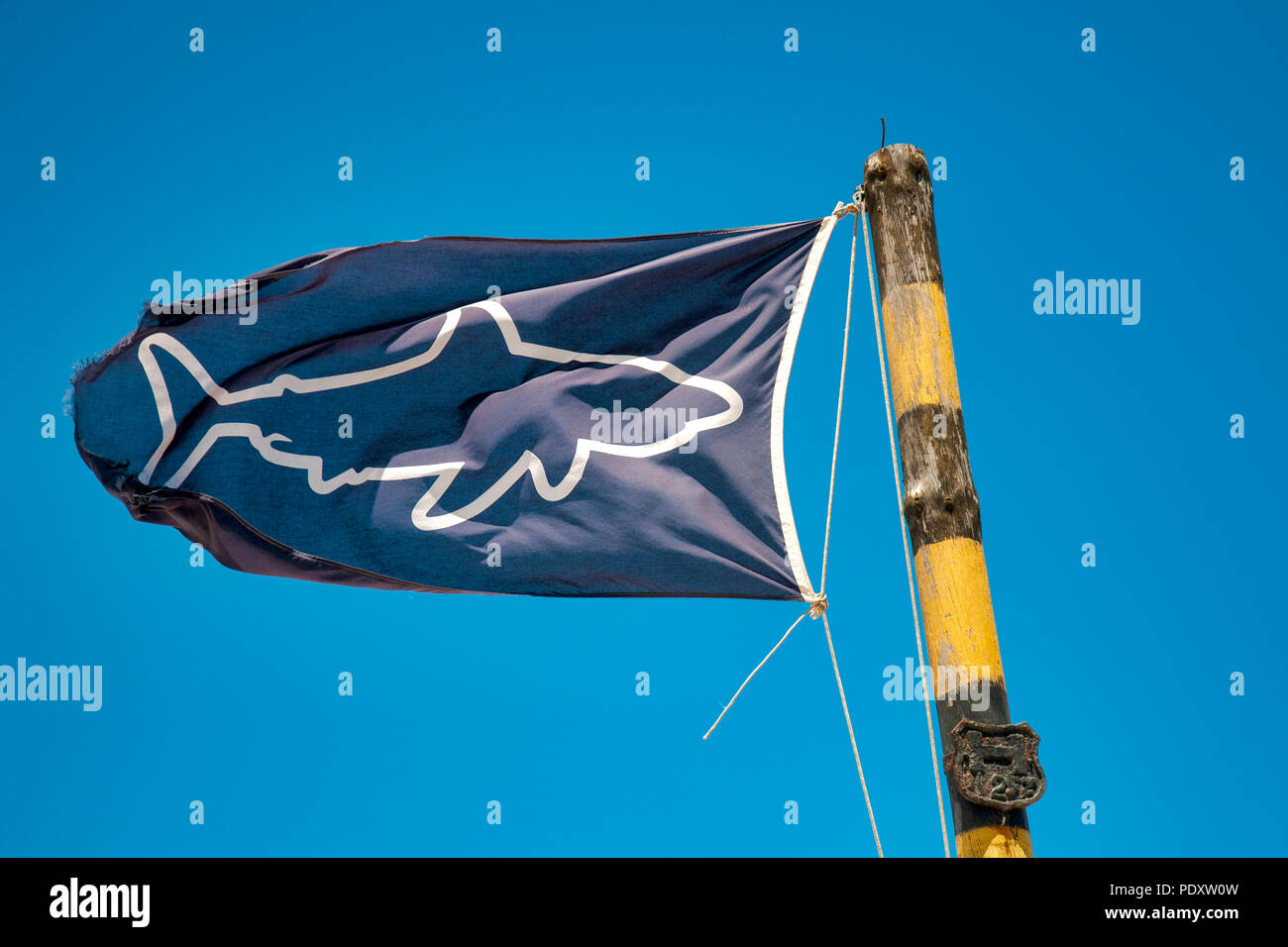 Bandiera Nera di segnalazione pericolo di squalo in Muizemberg, Sud Africa Foto Stock