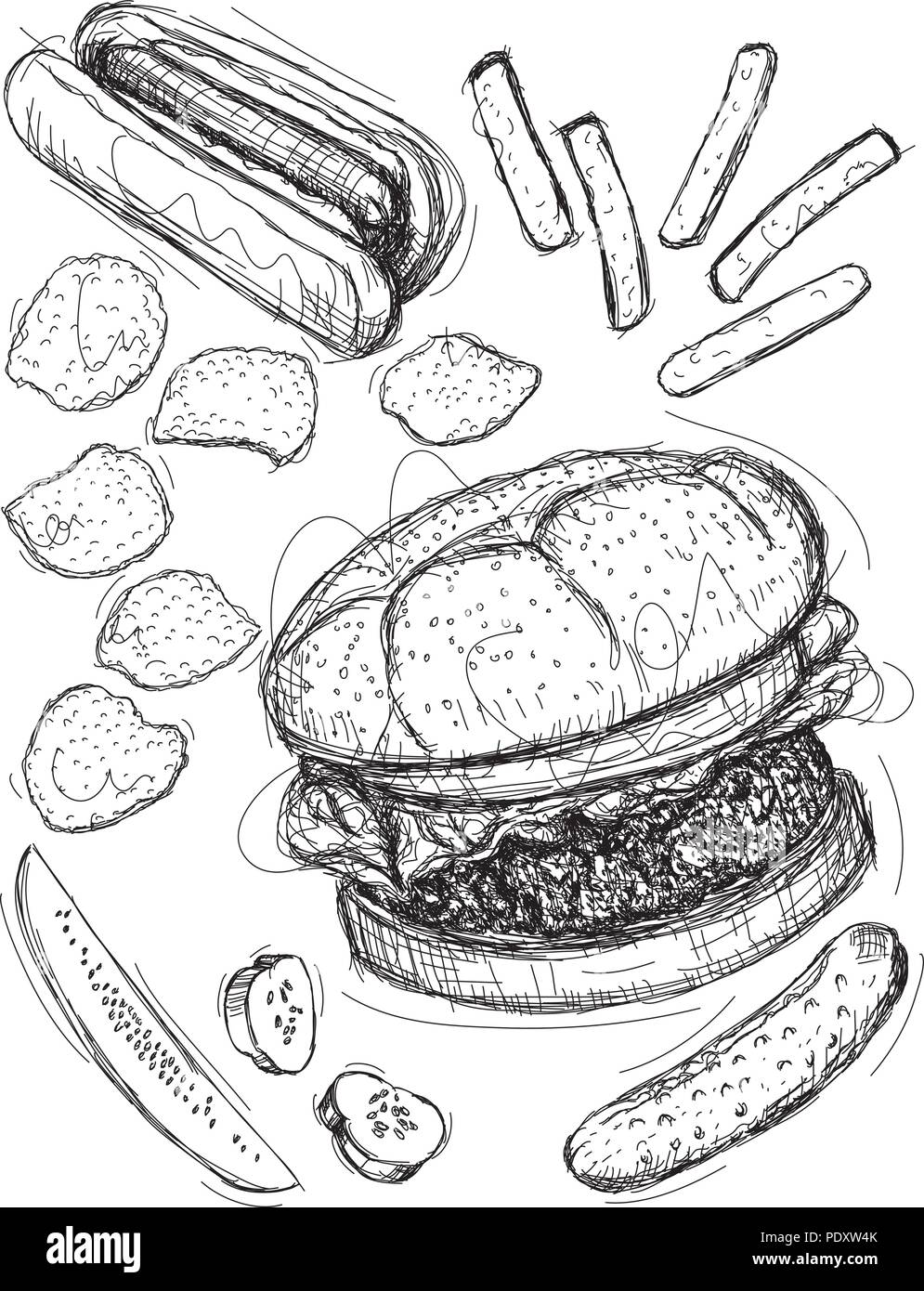 Fast food. Un hamburger, hotdog, patatine fritte e patatine fritte e sottaceti. Illustrazione Vettoriale
