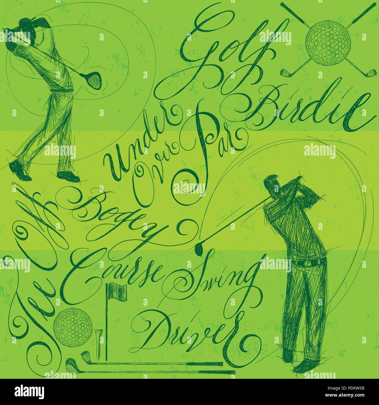 Gli amanti del golf con la calligrafia. Sketchy golfisti driver oscillante lungo con altri golf doodle elementi e calligrafia manoscritta. Illustrazione Vettoriale