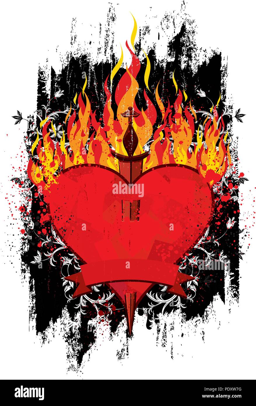 Cuore ardente di pugnale. Un cuore in fiamme con un pugnale attraverso di esso su una superficie strutturata dello sfondo. Illustrazione Vettoriale