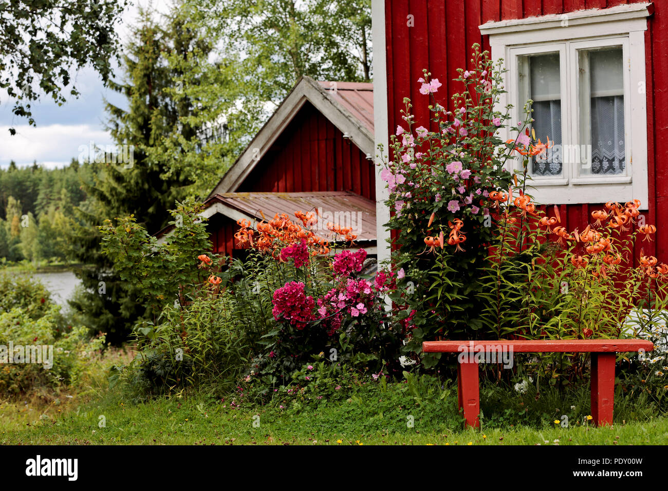 Vecchio piccolo cottage con abbondante fioritura delle piante accanto alla parete Foto Stock