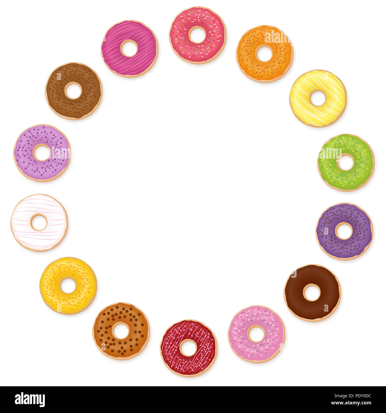 Le ciambelle cerchio. Molti diversi gusti - illustrazione su sfondo bianco. Foto Stock
