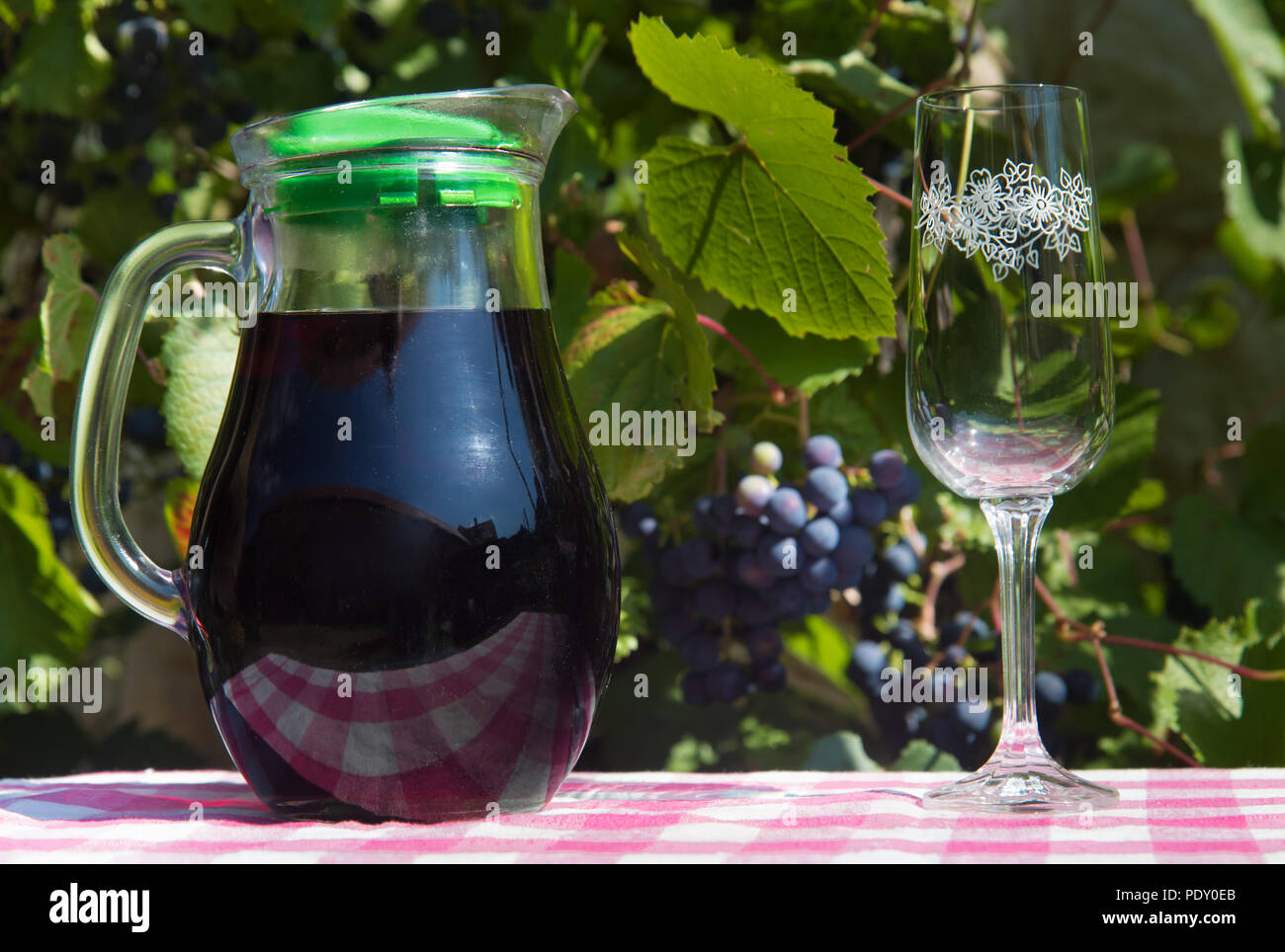 Caraffa di vetro con il vino rosso e il bicchiere di vino sul tavolo. Il  vino in una caraffa con uve mature di un vigneto in background Foto stock -  Alamy