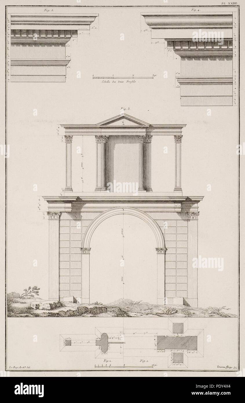 Arco di Adriano, Atene- 1 vista inferiore del sud pilone 2 vista dal fondo delle colonne del nord del livello inferiore 3 Elevat - Le Roy Julien David - 1770. Foto Stock
