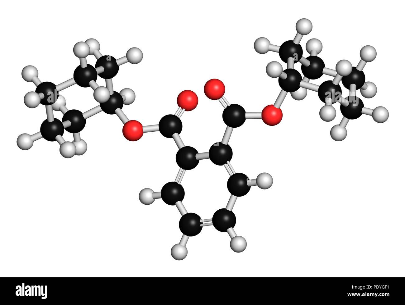 Dicicloesilftalato (DCP) plastificante molecola. Il rendering 3D. Gli atomi sono rappresentati come sfere con i tradizionali colori: idrogeno (bianco), carbonio (nero), Ossigeno (rosso). Foto Stock