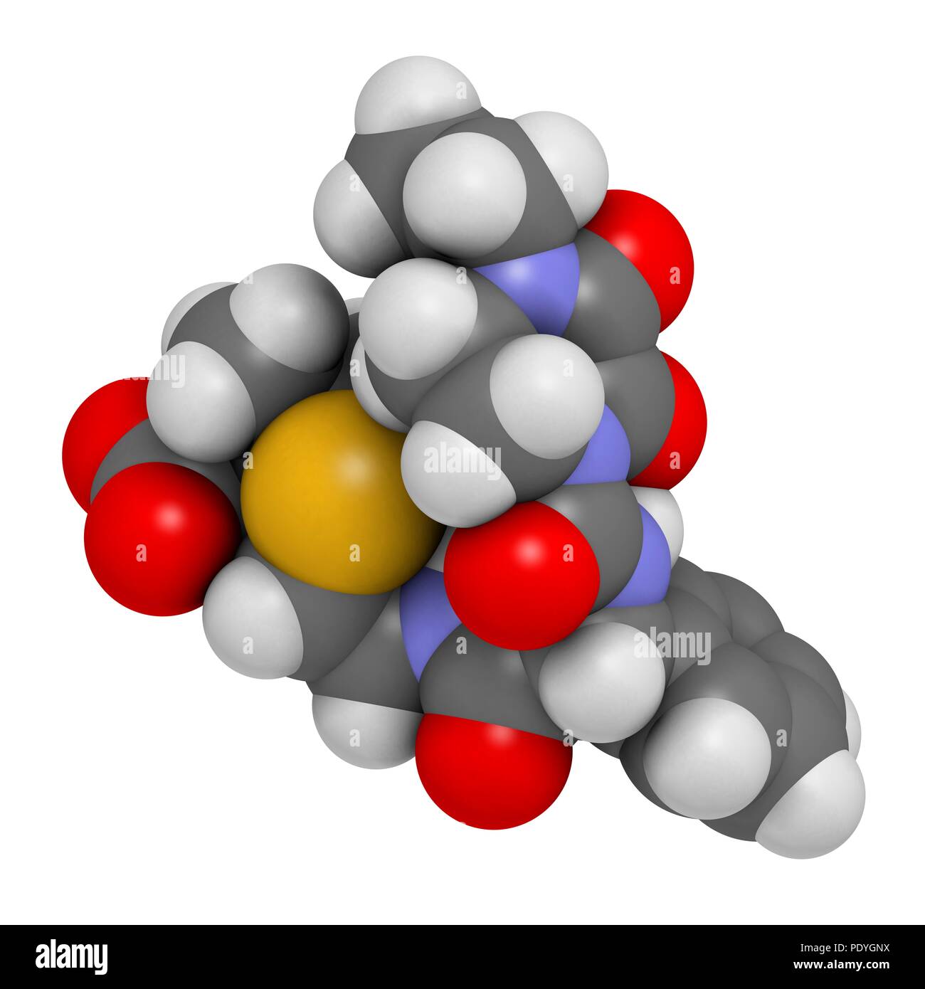 Porfiromycina antibiotico molecola di farmaco. Il rendering 3D. Gli atomi sono rappresentati come sfere con i tradizionali colori: idrogeno (bianco), carbonio (grigio), Azoto (blu), Ossigeno (rosso), zolfo (giallo). Foto Stock