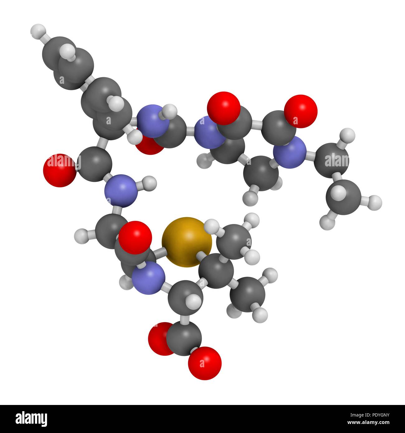 Porfiromycina antibiotico molecola di farmaco. Il rendering 3D. Gli atomi sono rappresentati come sfere con i tradizionali colori: idrogeno (bianco), carbonio (grigio), Azoto (blu), Ossigeno (rosso), zolfo (giallo). Foto Stock