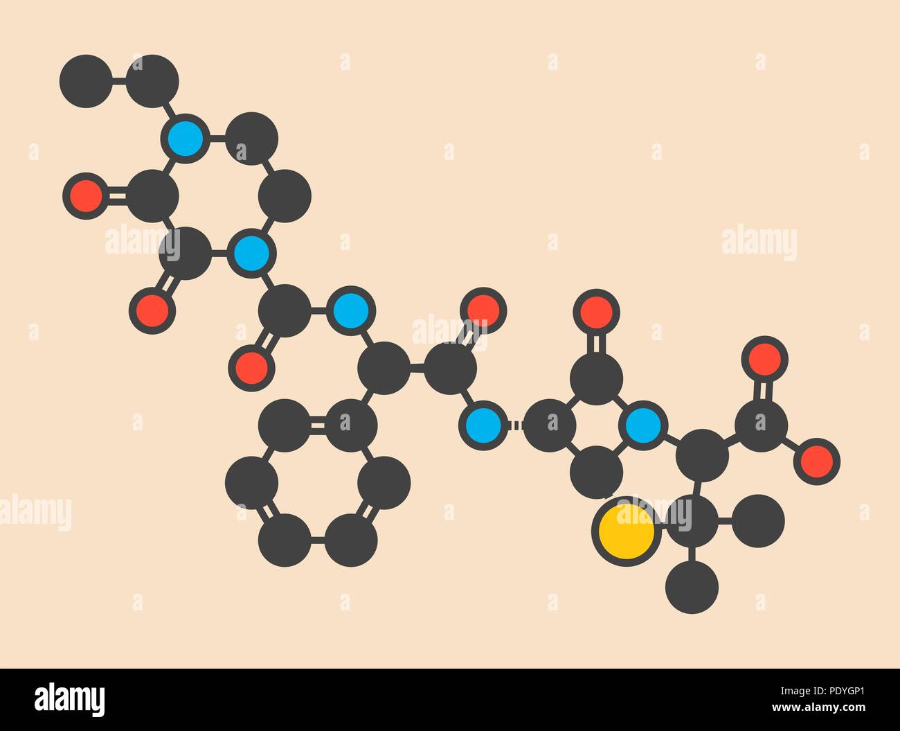 Porfiromycina antibiotico molecola di farmaco. Stilizzata di scheletro di formula (struttura chimica): gli atomi sono mostrati come codificati per colore cerchi: idrogeno (nascosto), carbonio (grigio), Azoto (blu), Ossigeno (rosso), zolfo (giallo). Foto Stock