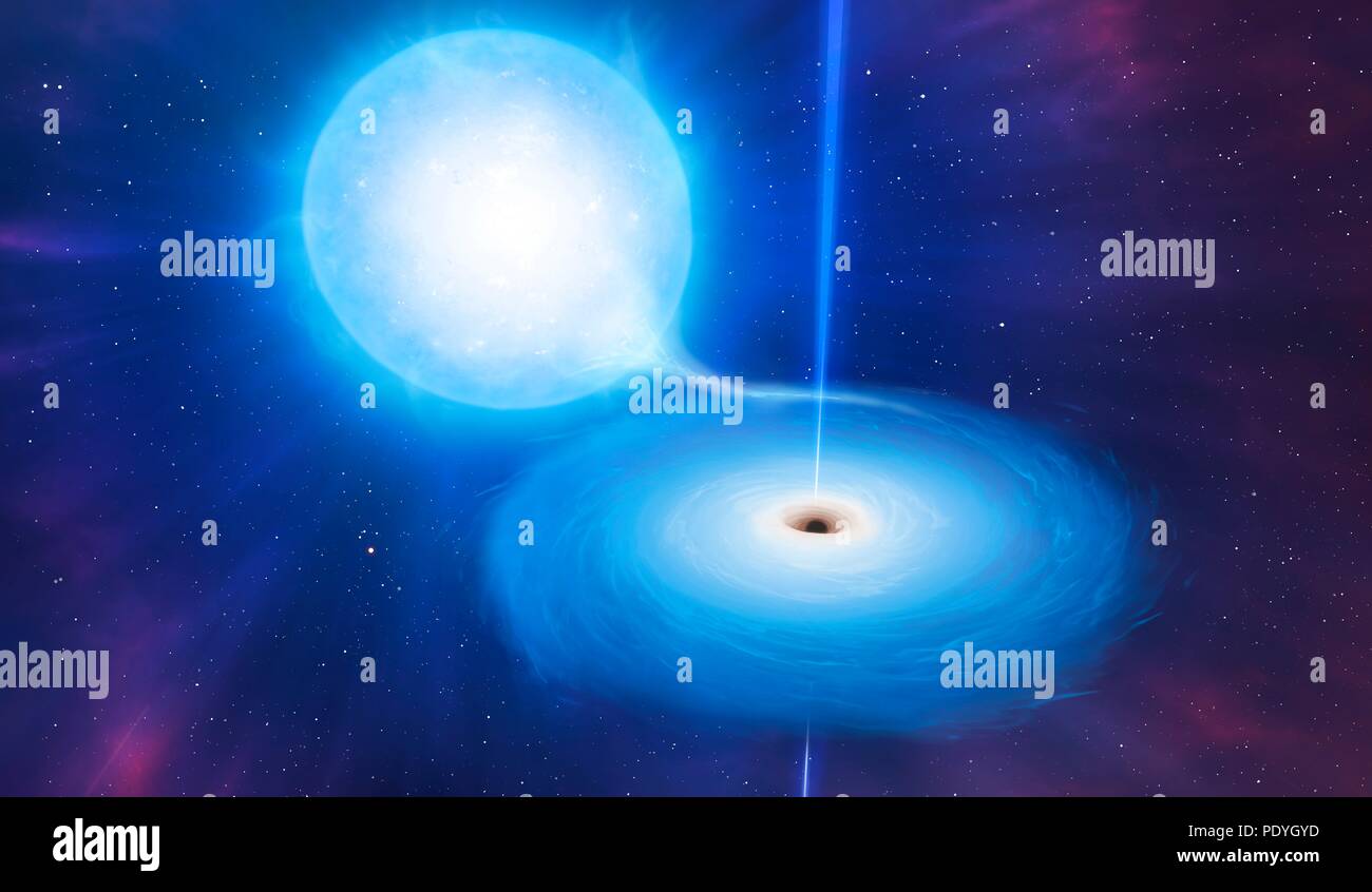 Rappresentazione artistica di un X-ray binary. Queste stelle binarie sistemi comprendono una compatta a stella (stella di neutroni o, come qui, un buco nero) che è in orbita attorno ad un compagno più grande (in questo caso, un gigante blu). Il compatto star distorce il compagno e tira il gas dalla sua atmosfera. Il gas volute intorno all'oggetto compatto formando un disco di accrescimento. Getti di particelle sono talvolta emessi dal centro di questo disco, rendendo i sistemi superficialmente simile alla grande e totalmente differente quasars. Foto Stock