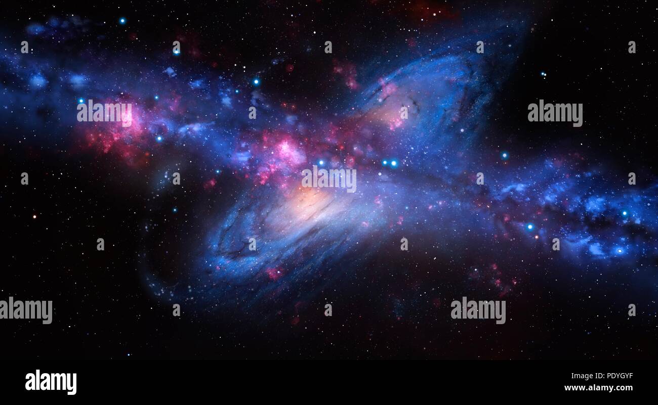 Una rappresentazione artistica della Via Lattea collidere con Andromeda. La nostra galassia, la Via Lattea, si sta spostando verso la galassia di Andromeda. Gli astronomi prevedono che in circa 4 miliardi di anni, le due galassie si scontrano e iniziano a fondersi. Il sistema solare è il destino è incerto. Si potrebbe finire in finale, più grande galassia, ulteriormente in orbita dal nucleo di quanto non faccia ora, oppure potrebbe essere espulso nello spazio del tutto. Foto Stock