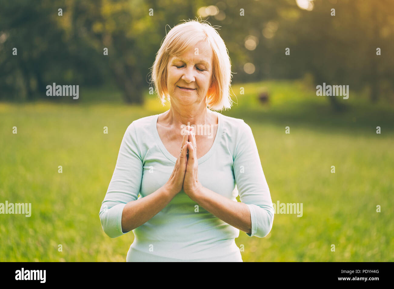 Senior donna gode di meditazione nella natura.Immagine è intenzionalmente tonica. Foto Stock