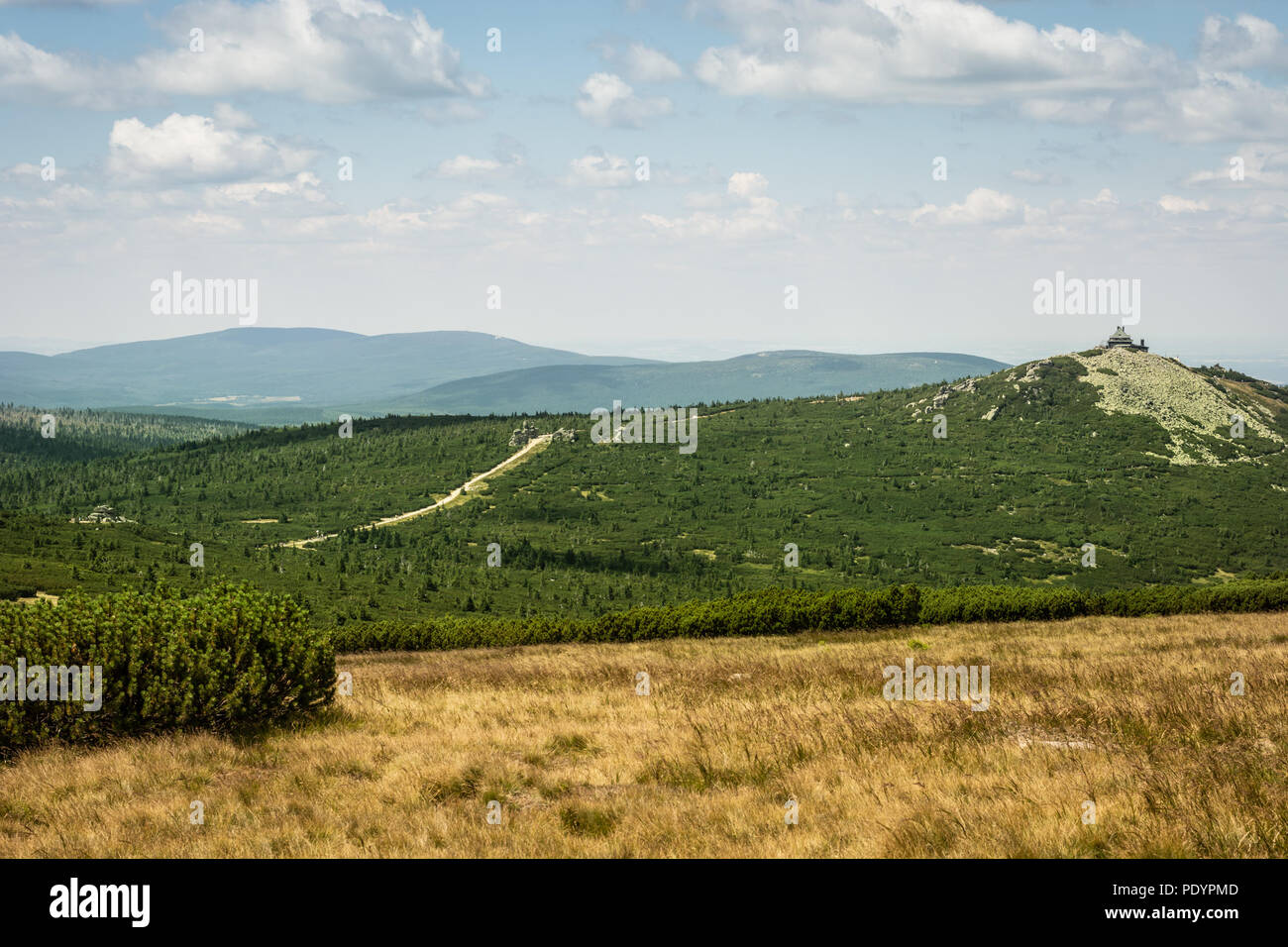 Nuvoloso cielo blu, rocciosa collina verde e giallo erba in Monti dei Giganti in Polonia, Europa Centrale Foto Stock