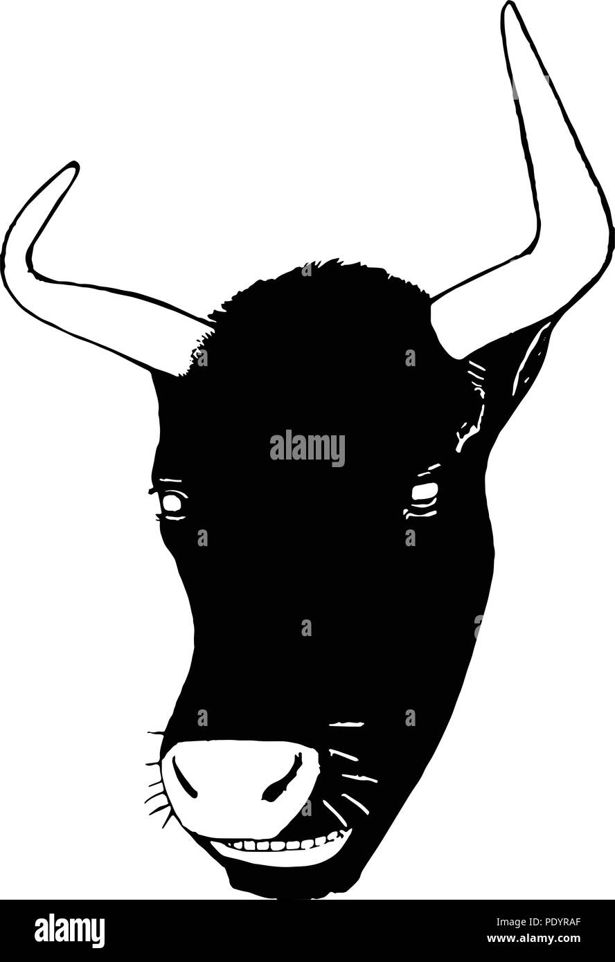 Semplice monocromatico grafico vettoriale di cornuto Shetland mucca con grin, della sola testa. Illustrazione Vettoriale