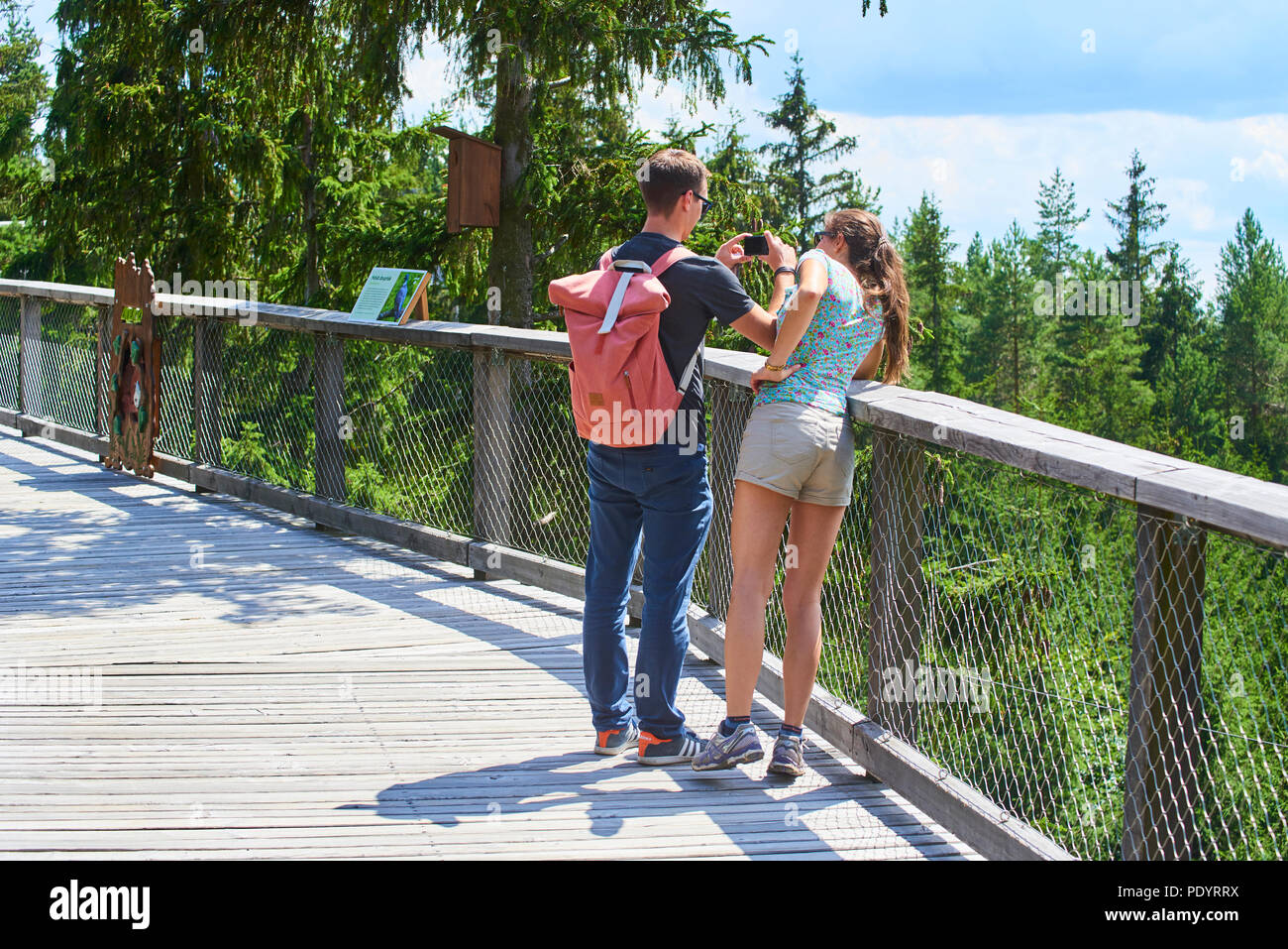 Turisti alla Torre Treetop passeggiata alla scoperta delle bellezze di Sumava National Park (foresta Boema) Foto Stock