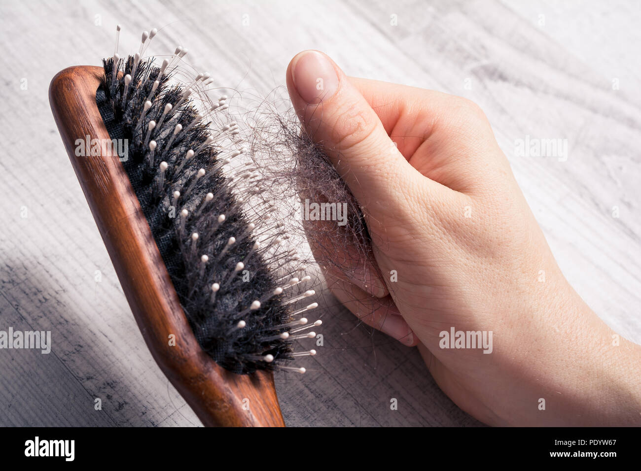 Femmina tirando a mano mazzo di capelli fuori della spazzola - Alopecia perdita di capelli Concept Foto Stock