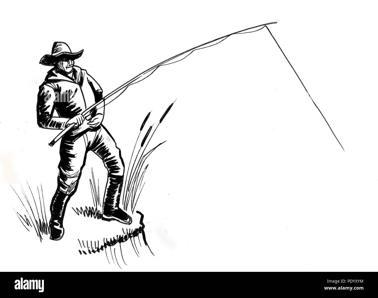 Uomo con una canna da pesca sulla riva del fiume. L'inchiostro bianco e nero disegno Foto Stock