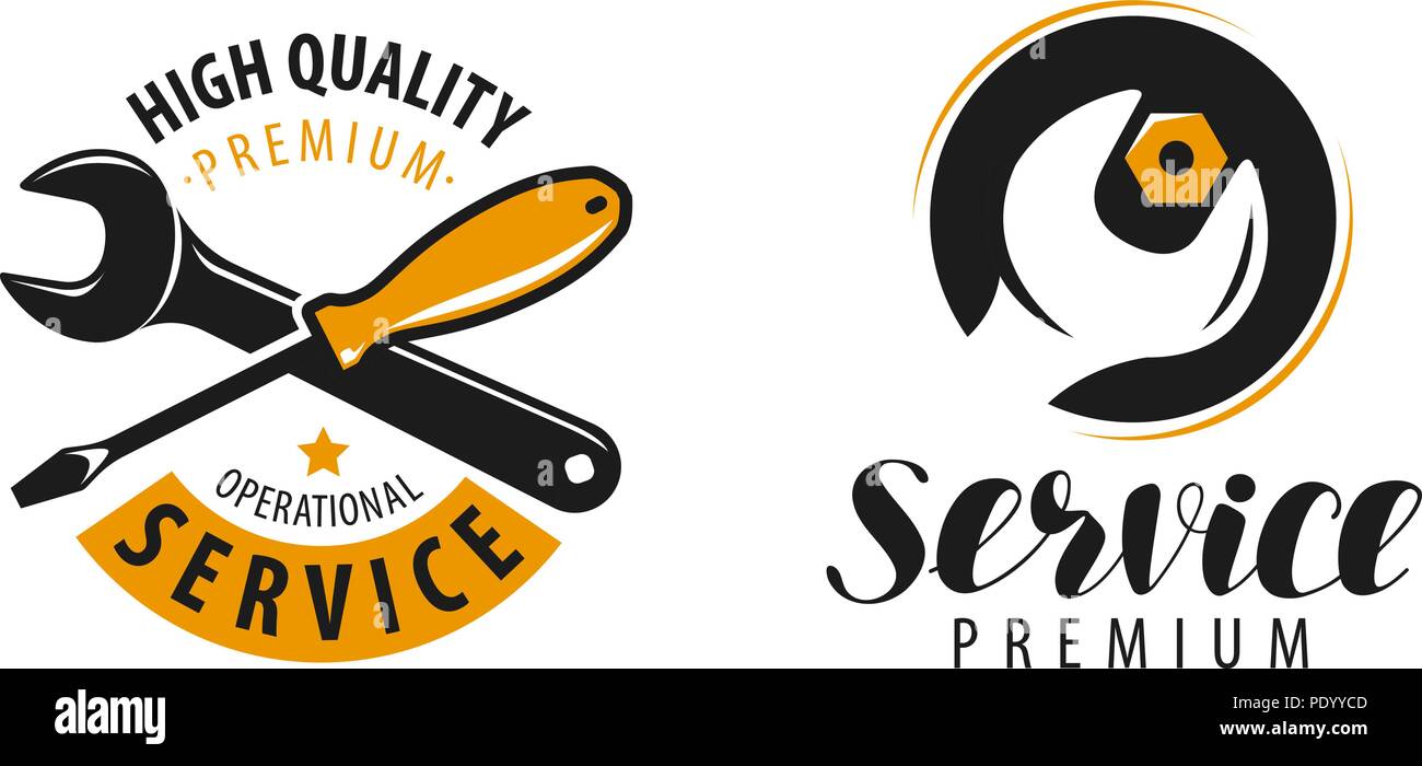 Il logo del servizio. riparare, lavori di manutenzione Etichetta o simbolo. illustrazione vettoriale isolati su sfondo bianco Illustrazione Vettoriale