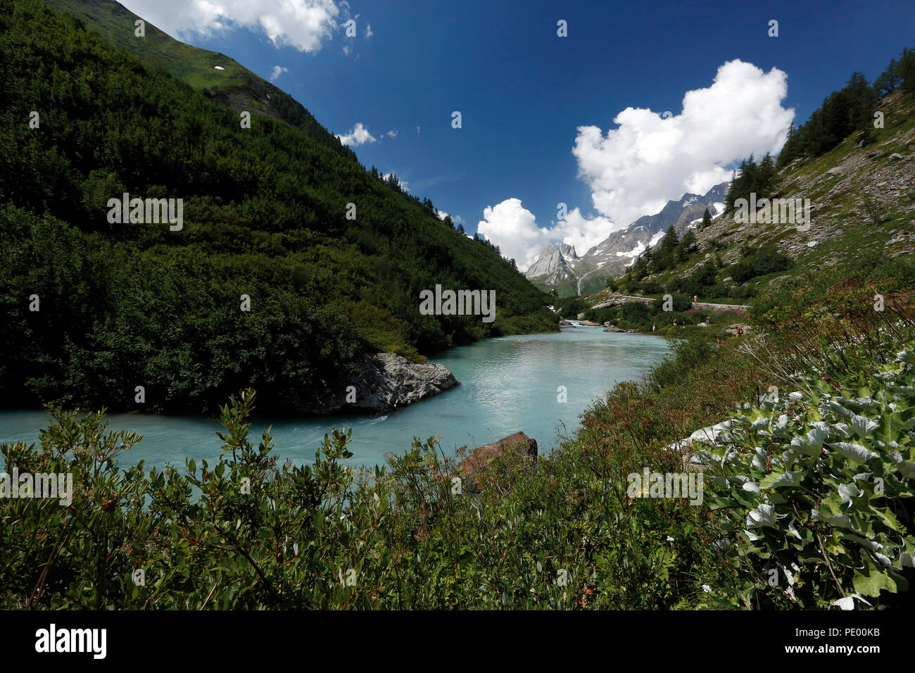 Courmayeur, in Valle d'Aosta, Alpes d'Italia : Dora Veny river e la Pyramides Calcaires sullo sfondo in una mattina d'estate. Foto Stock