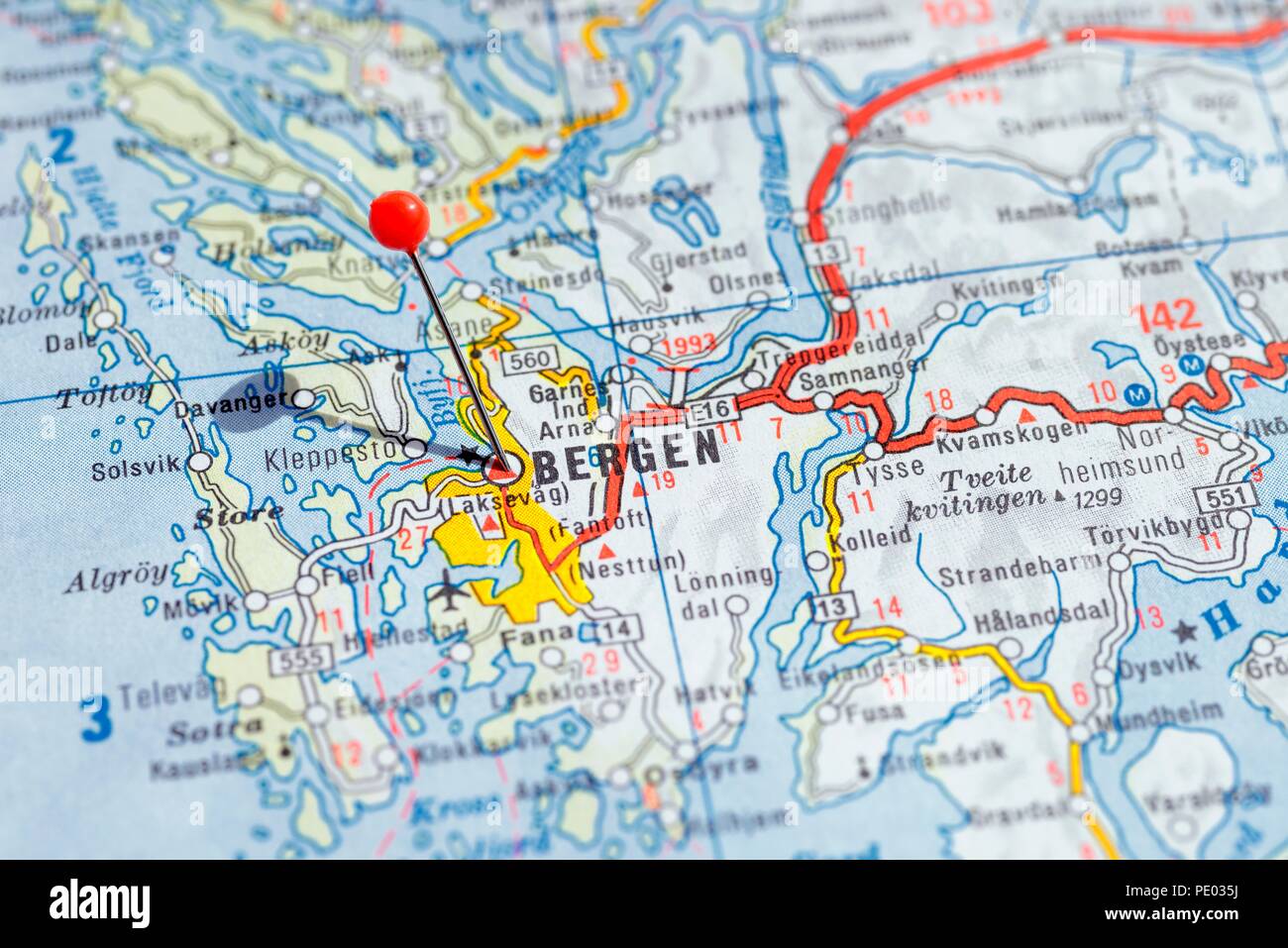 Svezia Stoccolma, 07 Aprile 2018: città europee sulla mappa serie. Primo piano di Bergen Foto stock - Alamy