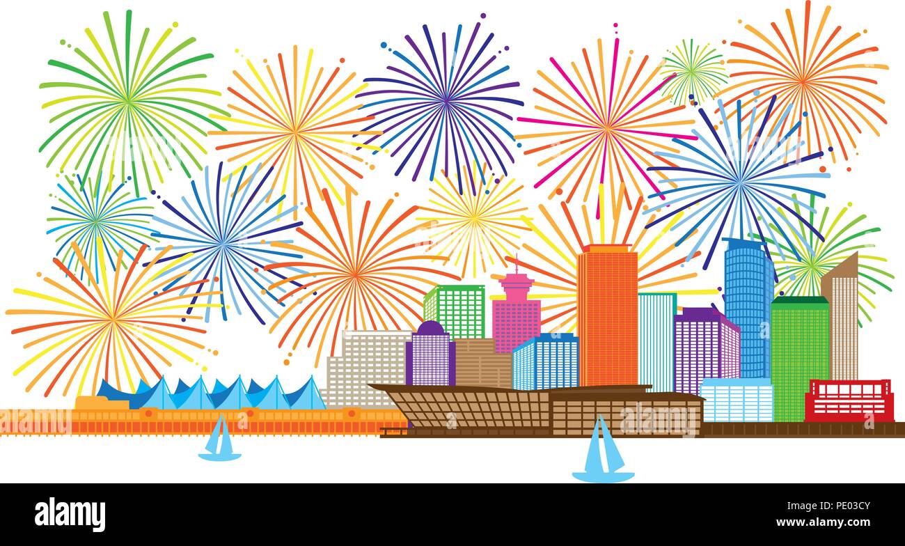 Vancouver British Columbia Canada skyline della città e i fuochi d'artificio Illustrazione a colori Illustrazione Vettoriale