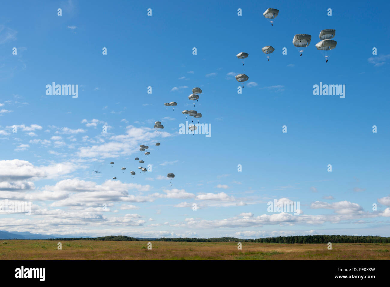 Stati Uniti Paracadutisti dell'esercito assegnato alla quarta brigata di fanteria combattere Team (airborne), XXV divisione di fanteria, U.S. Esercito di Alaska, scendere sopra Malemute Drop Zone dopo il salto da un'Illinois Air National Guard C-130 Hercules durante la conduzione di airborne formazione a base comune Elmendorf-Richardson, Alaska, e il Agosto 9, 2018. I soldati del 4/25 appartengono al solo American airborne brigade nel Pacifico e sono addestrati per eseguire le manovre di volo in condizioni di freddo intenso e ambienti ad altitudini elevate a sostegno del combattimento, partenariato e disaster relief operations. Avieri dal 169Airlift Squadr Foto Stock