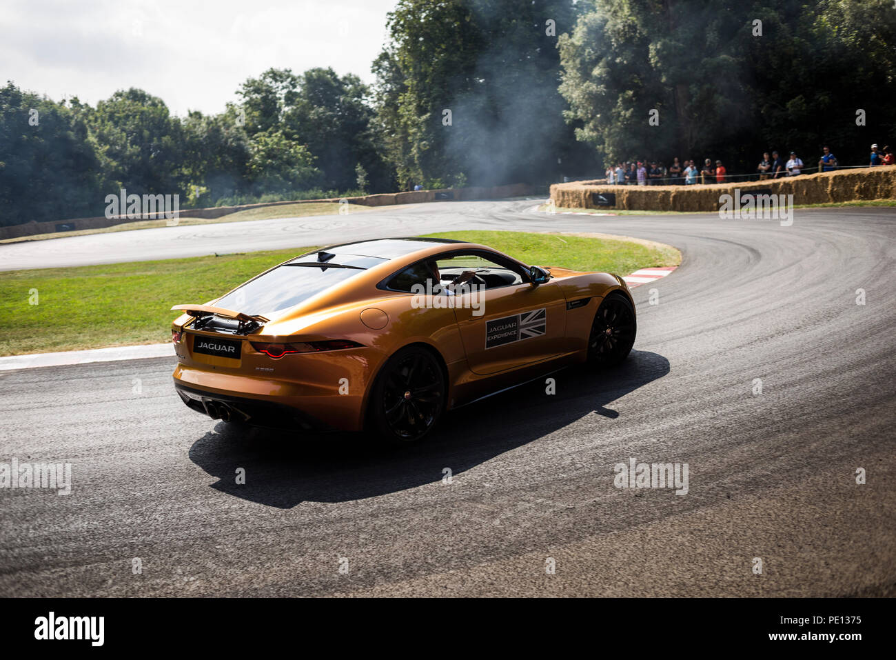 Una Jaguar sportscar gira i suoi pneumatici, creazione di fumo, su una pista a Goodwood Festival of Speed 2018. Foto Stock