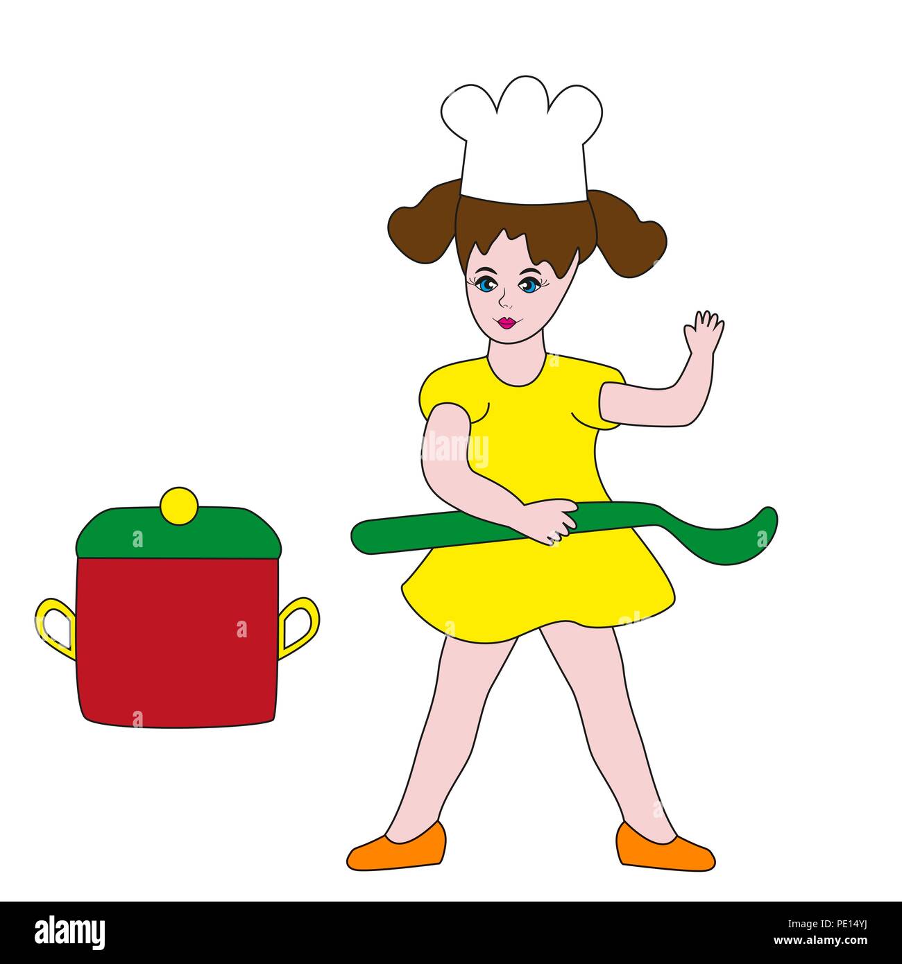 Un po' di Cute girl cook tenendo un mestolo isolata con uno sfondo bianco. Illustrazione Vettoriale