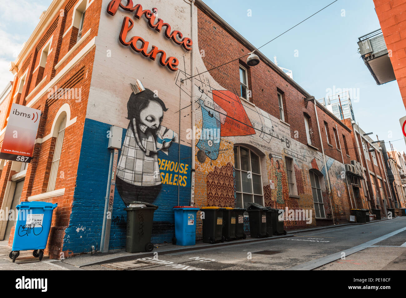 Graffiti e Steet e arte sulle pareti di mattoni rossi, a Prince Lane, Perth, Western Australia Foto Stock