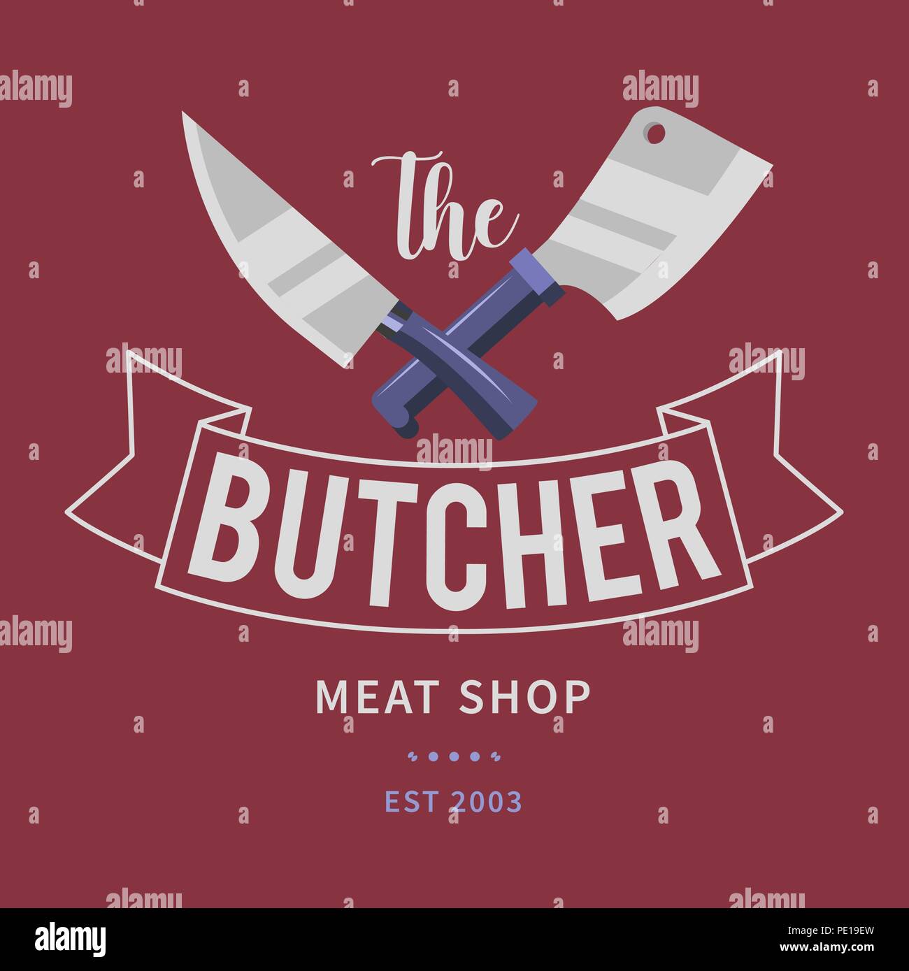 Il logo di Butcher Shop di carne con Cleaver e Coltelli Chef, testo la macelleria, negozio di carne. Logo per il modello di business di carne - shop, market, ristorante o graphic design. Illustrazione Vettoriale Illustrazione Vettoriale