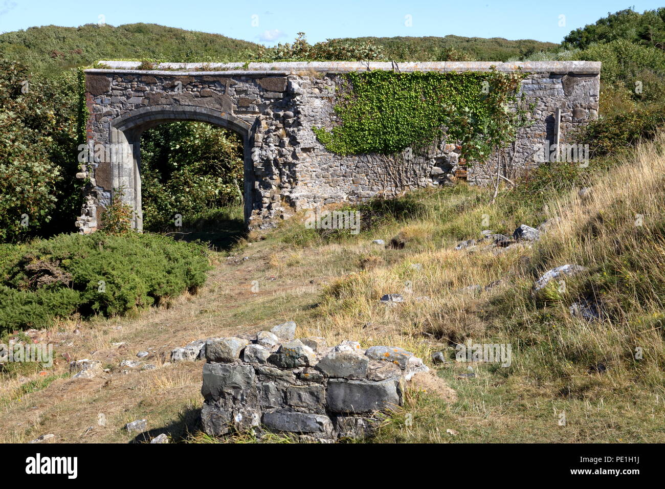 Una vecchia pietra isolata parete di ingresso a quello che una volta era un grande castello in alto su una collina dalla costa in una zona bellissima. Foto Stock