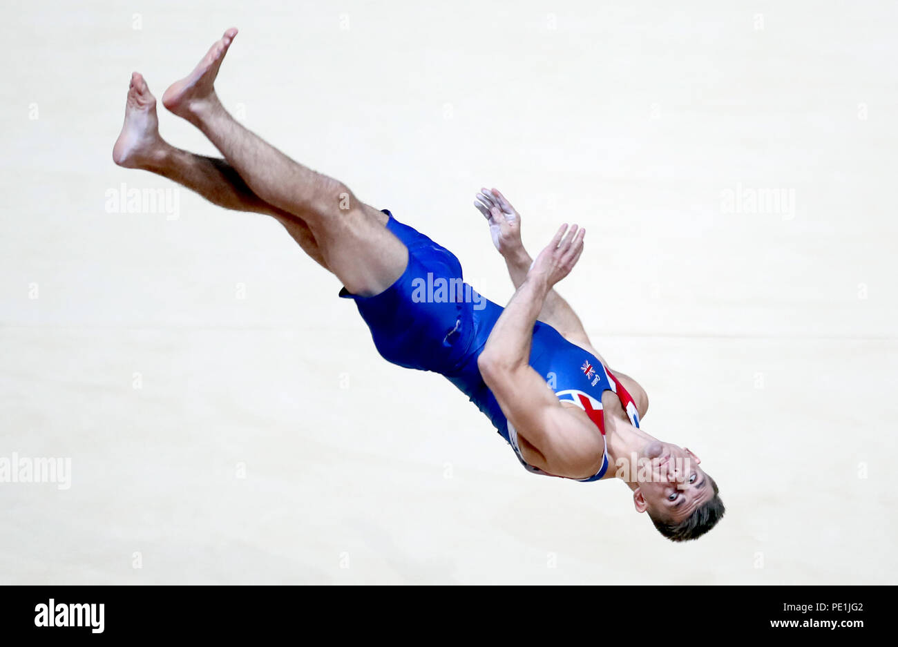 Gran Bretagna Max Whitlock sul pavimento durante gli uomini della squadra di ginnastica durante la finale il giorno dieci del 2018 Campionati Europei al SSE idro, Glasgow. Foto Stock