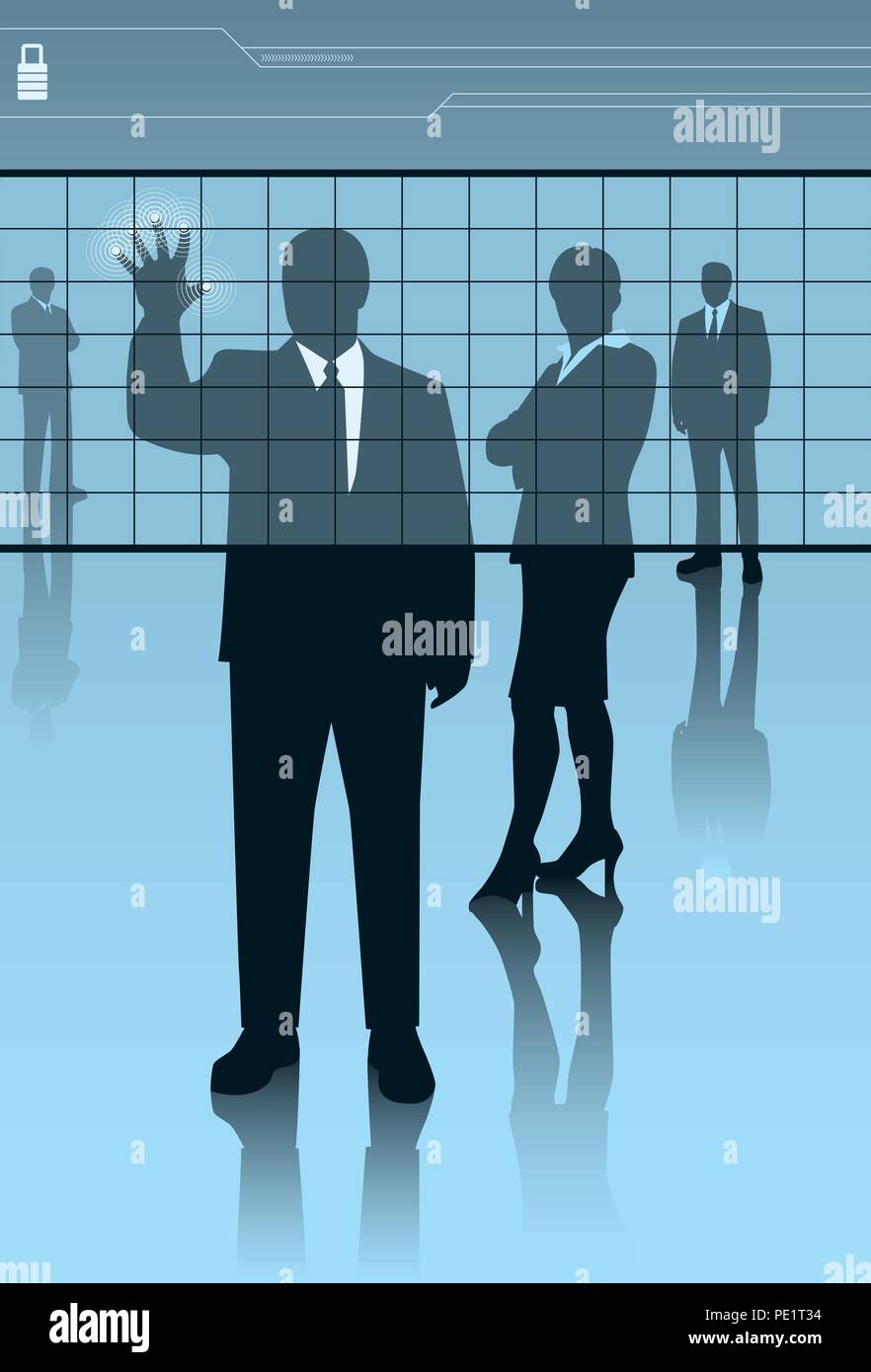 I consulenti per la sicurezza. Un corporate security team in silhouette con elementi di design moderno. Illustrazione Vettoriale