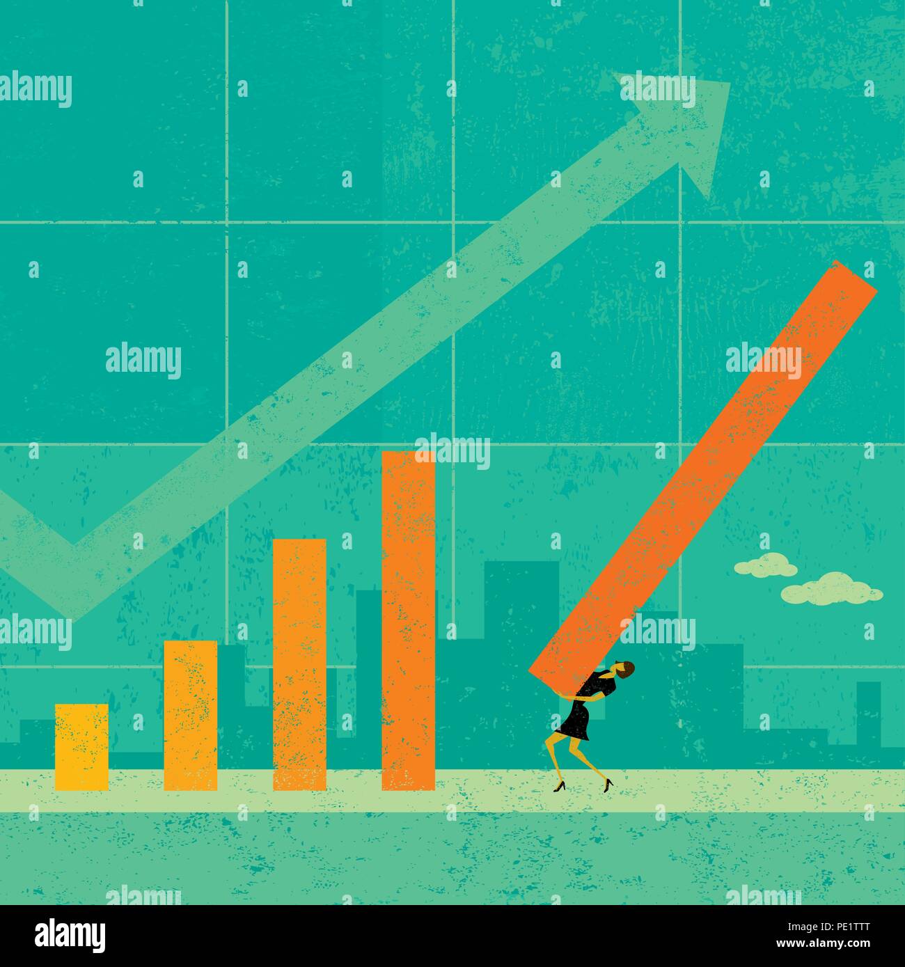 Proiezione delle entrate. Una imprenditrice sporgenti di ricavi futuri utilizzando una dimensione di vita di grafico a barre. Illustrazione Vettoriale