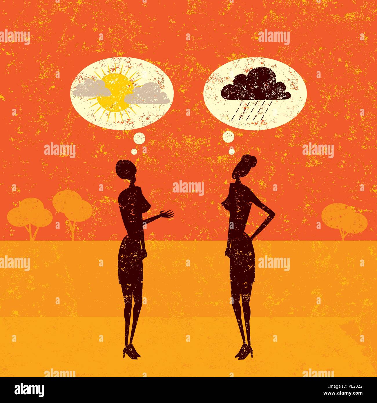 Positivo e negativo delle previsioni. Conversazione tra due donne con bolle di pensiero sopra le loro teste. Illustrazione Vettoriale