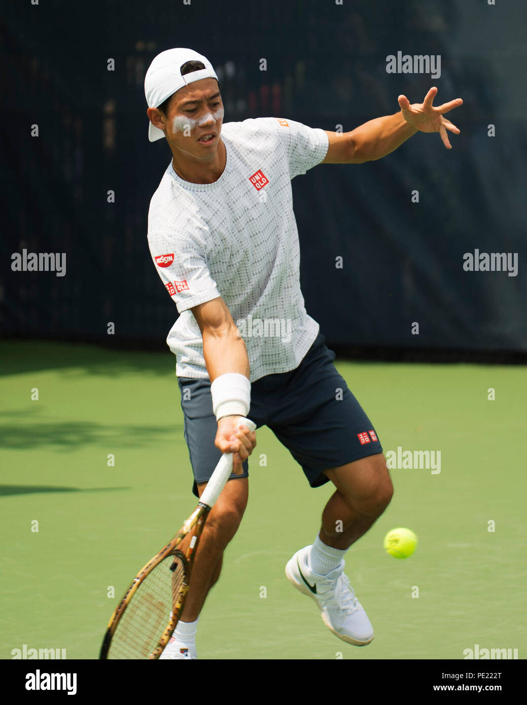 Ohio, USA, 11 agosto 2018: Kei Nishkori pratiche contro Andy Murray al sud occidentali in aperto Mason, Ohio, Stati Uniti d'America. Brent Clark/Alamy Live News Foto Stock