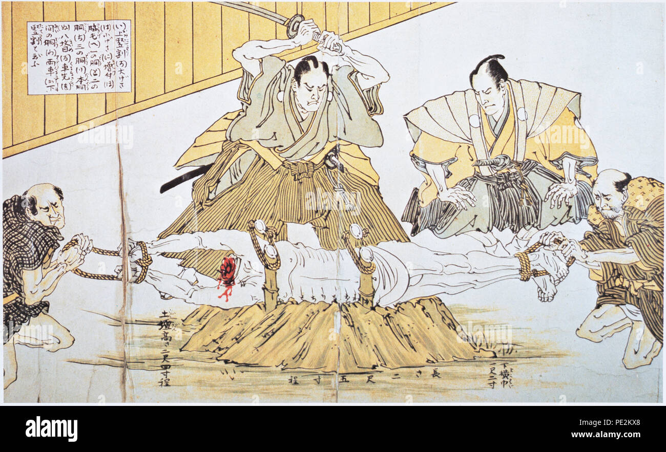 Tokugawa keijizufu bakuhu, pubblicato in Meiji 26 (1893), collezione privata. Esso mostra il Crimine e punizione durante il periodo Edo. Taglio di prova dopo aver decapitato l'esecuzione. Foto Stock