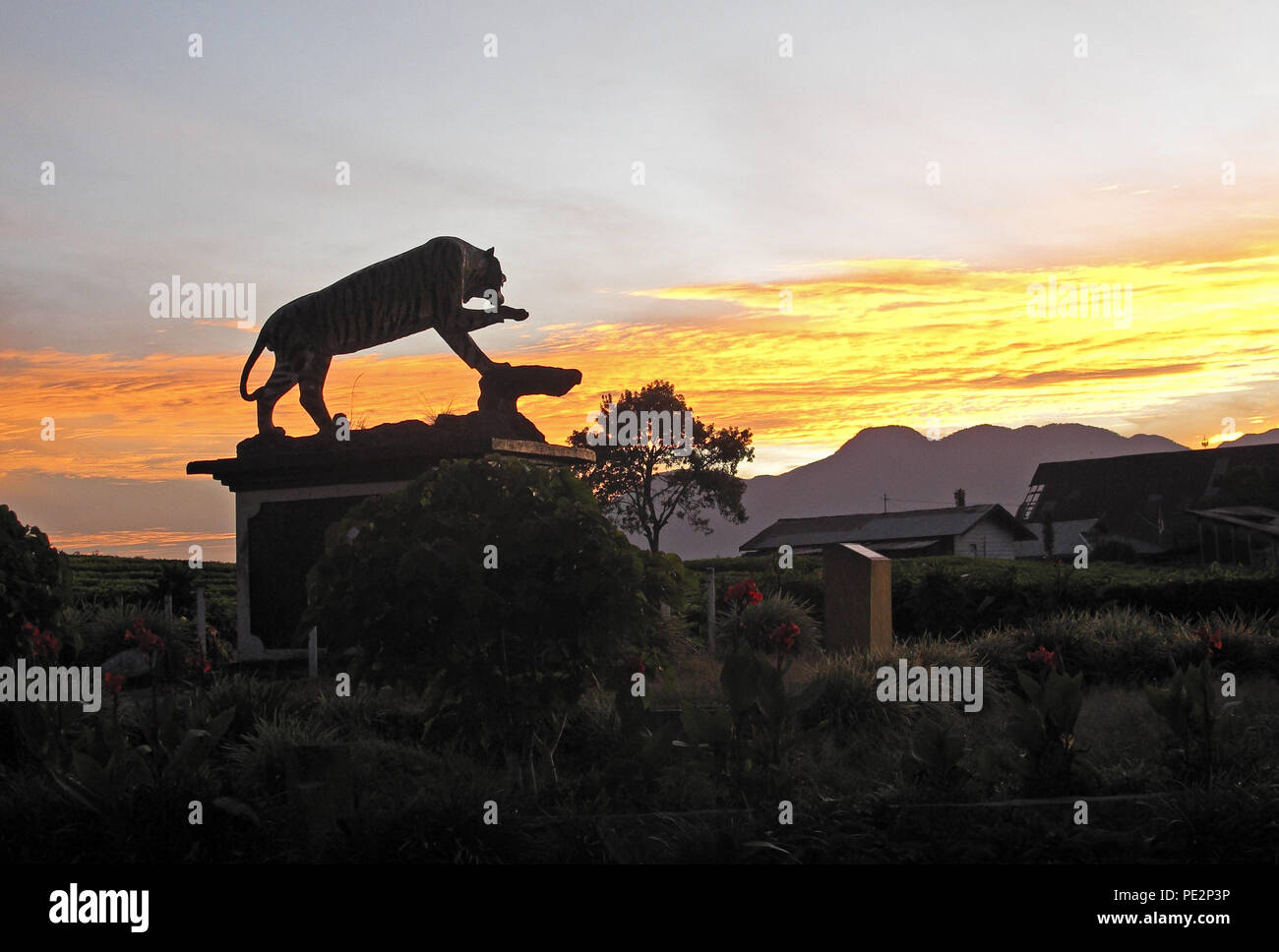 Tiger statua in ingresso al parco di sunrise Kerinci Seblat NP, Sumatra, Indonesia Giugno 2014 Foto Stock