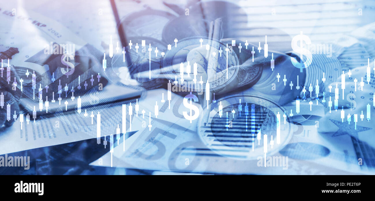 Denaro e finanze, financial business intelligence analytics, dollari e candelabro grafici Foto Stock
