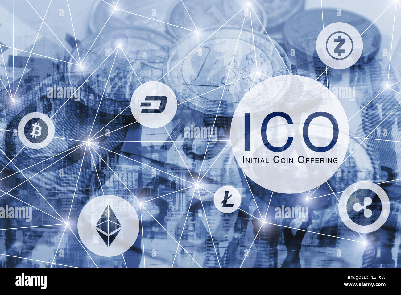 Concetto di ICO, iniziale offerta di moneta, denaro digitale crypto bitcoin valuta, litecoin, ethereum, dash, increspatura Foto Stock
