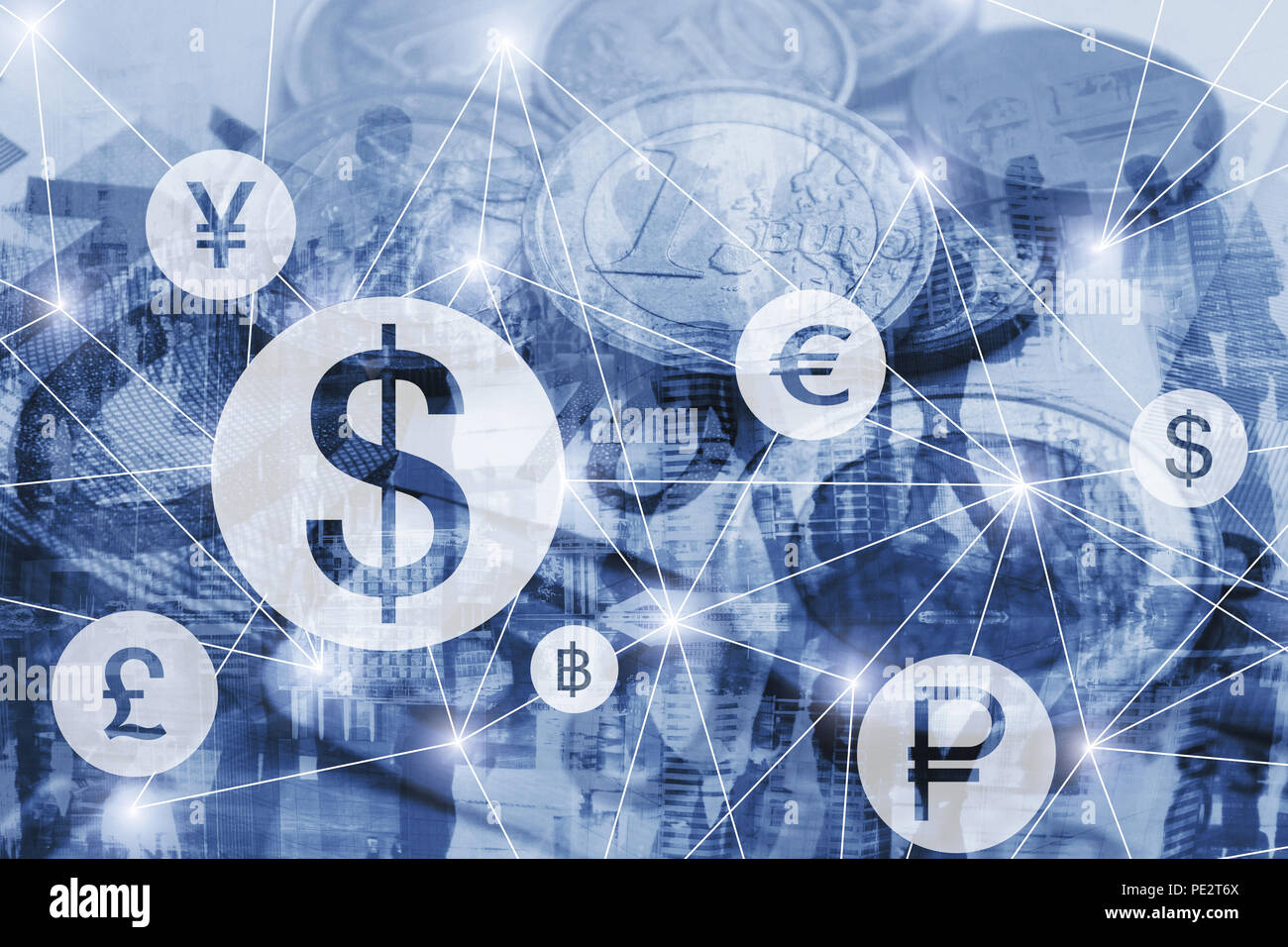 Lo scambio di denaro concetto, simboli di diverse valute estere collegato sull'interfaccia di rete virtuale, dollaro, euro e sterlina Foto Stock