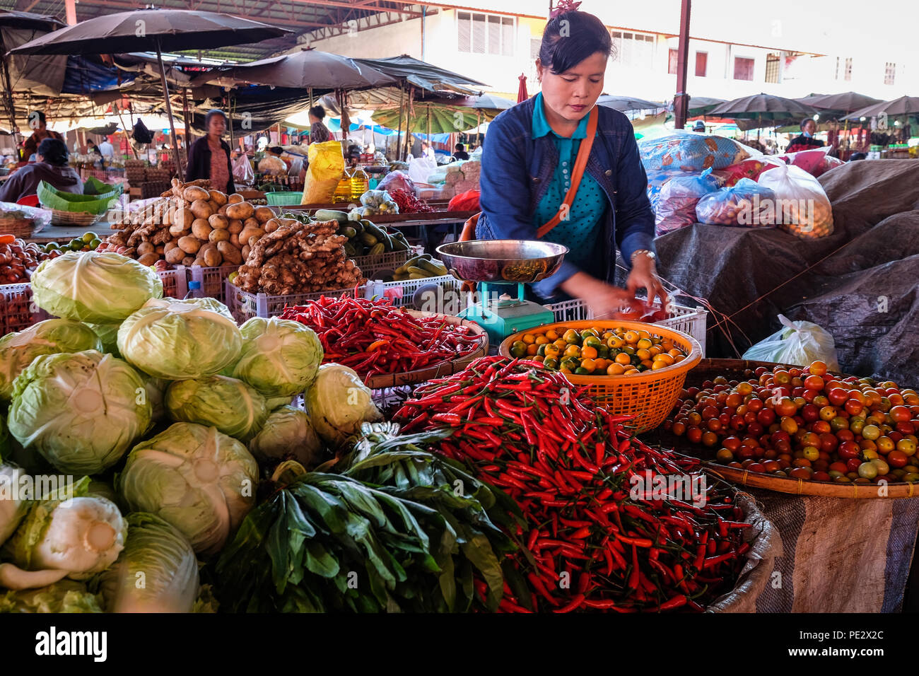 Fresche e vegetali visualizza all'affollato mercato Daoheuang in Pakse, Laos Foto Stock