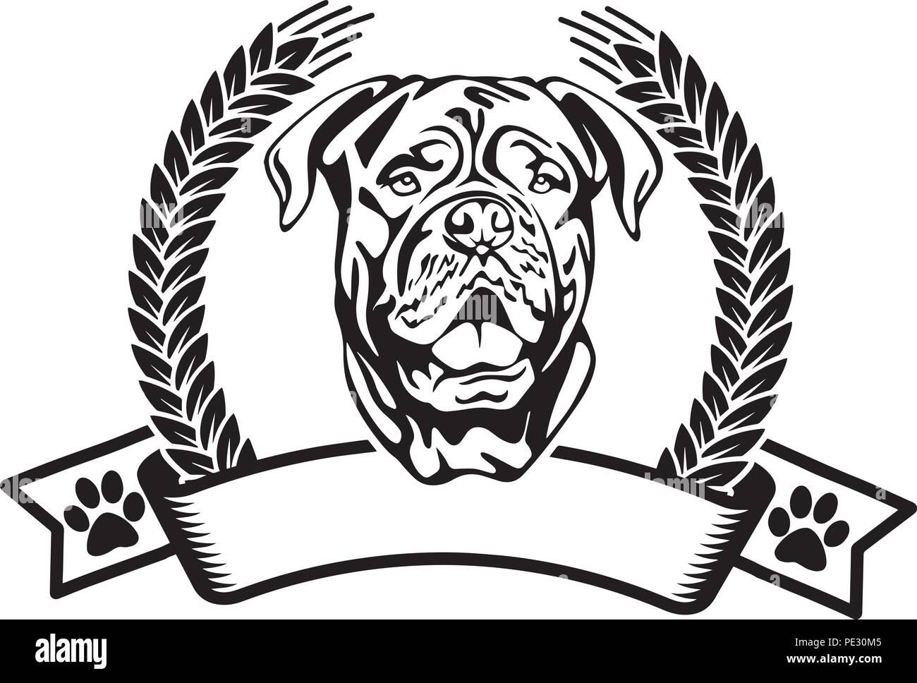 Dogue de Bordeaux razza canina pet faccia capo isolato animale domestico cucciolo di cane di razza segugio pedigree ritratto peeking zampe sorridente sorriso felice arte Illustrazione Vettoriale