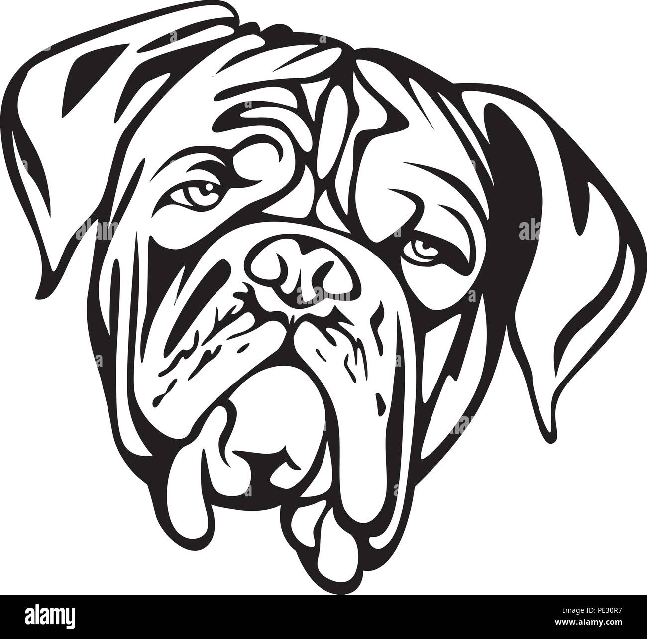 Dogue de Bordeaux razza canina pet faccia capo isolato animale domestico cucciolo di cane di razza segugio pedigree ritratto peeking zampe sorridente sorriso felice arte Illustrazione Vettoriale